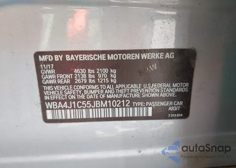 2018 BMW 430I Gran Coupe z USA, uszkodzony, nr VIN WBA4J1C55JBM10212